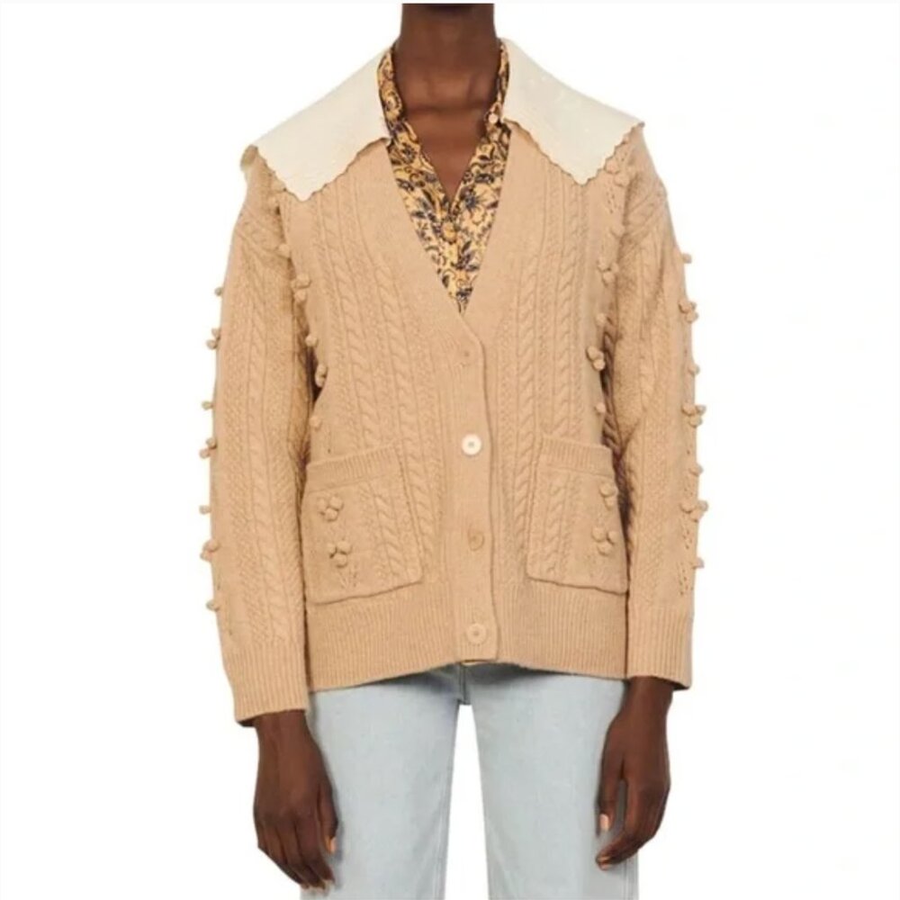 Sandro Ingrid Wool Cardigan Knit Chunky Pom Pom Size 1 XS Small